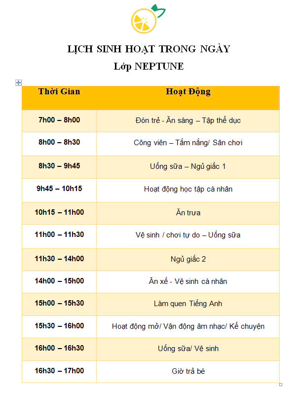 Lịch sinh hoạt 1 ngày